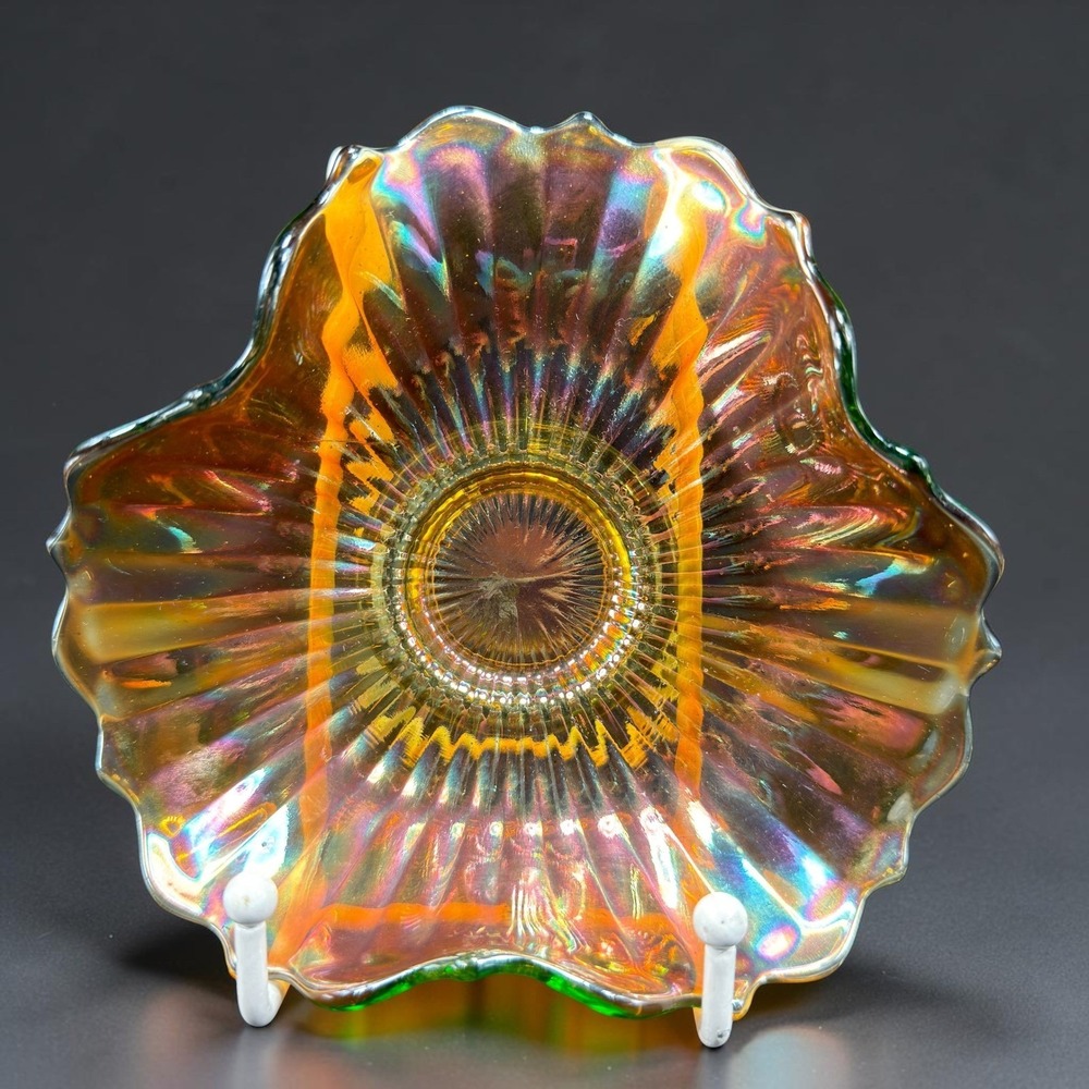 Vintage Carnival Glass Bowl Tri Corner Ruffled‎ Fluted Marigold Iridescent Green